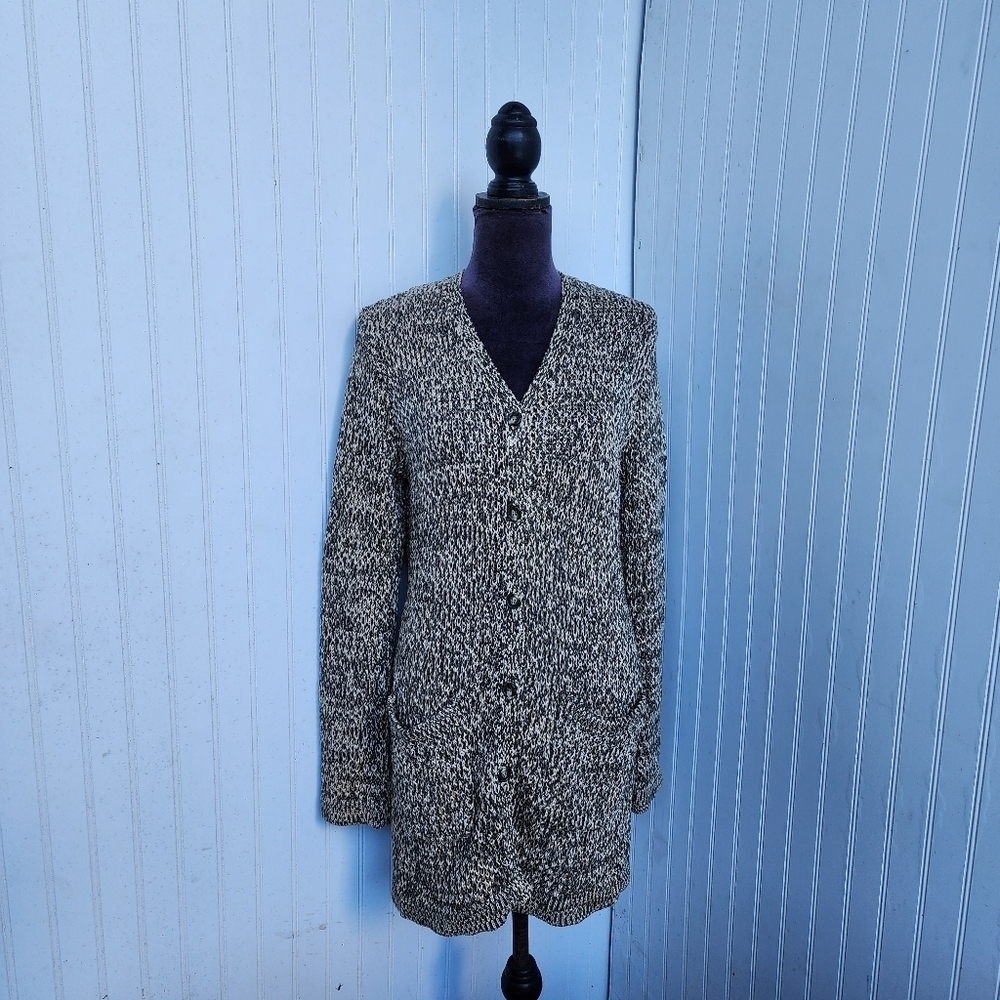 JONES NEW YORK Mercerized Cotton Olive Green Beige Sweater Chunky Cardigan Top M - Picture 1 of 14